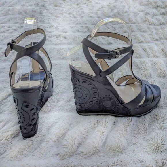 COACH Catalina Black Leather Embellished Studded Wedge Ankle Strap Sandal Sz 7.5 - Picture 10 of 12